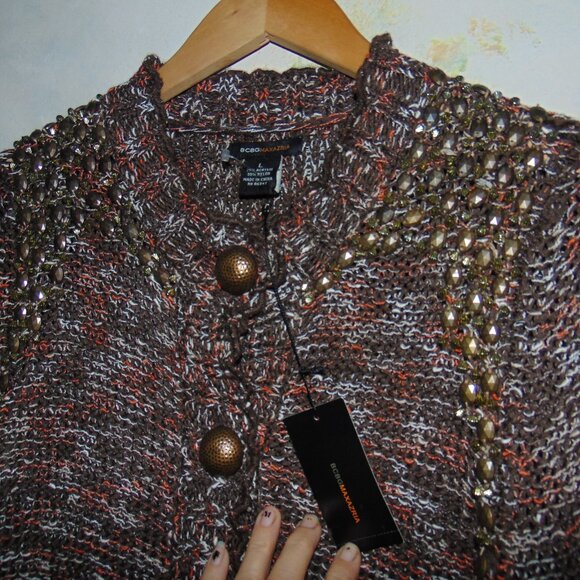 BCBG MaxAzria Cardigan Sweater Brown L Beaded Brass Button Chunky Knit Crochet - Picture 6 of 9